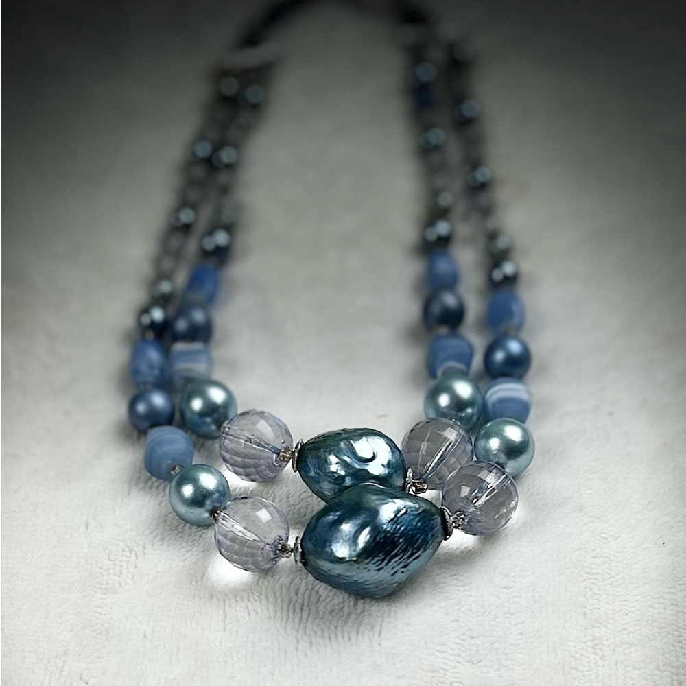 Mid Century Modern Necklace Double Strand Japan Blue Pearls - Picture 7 of 11